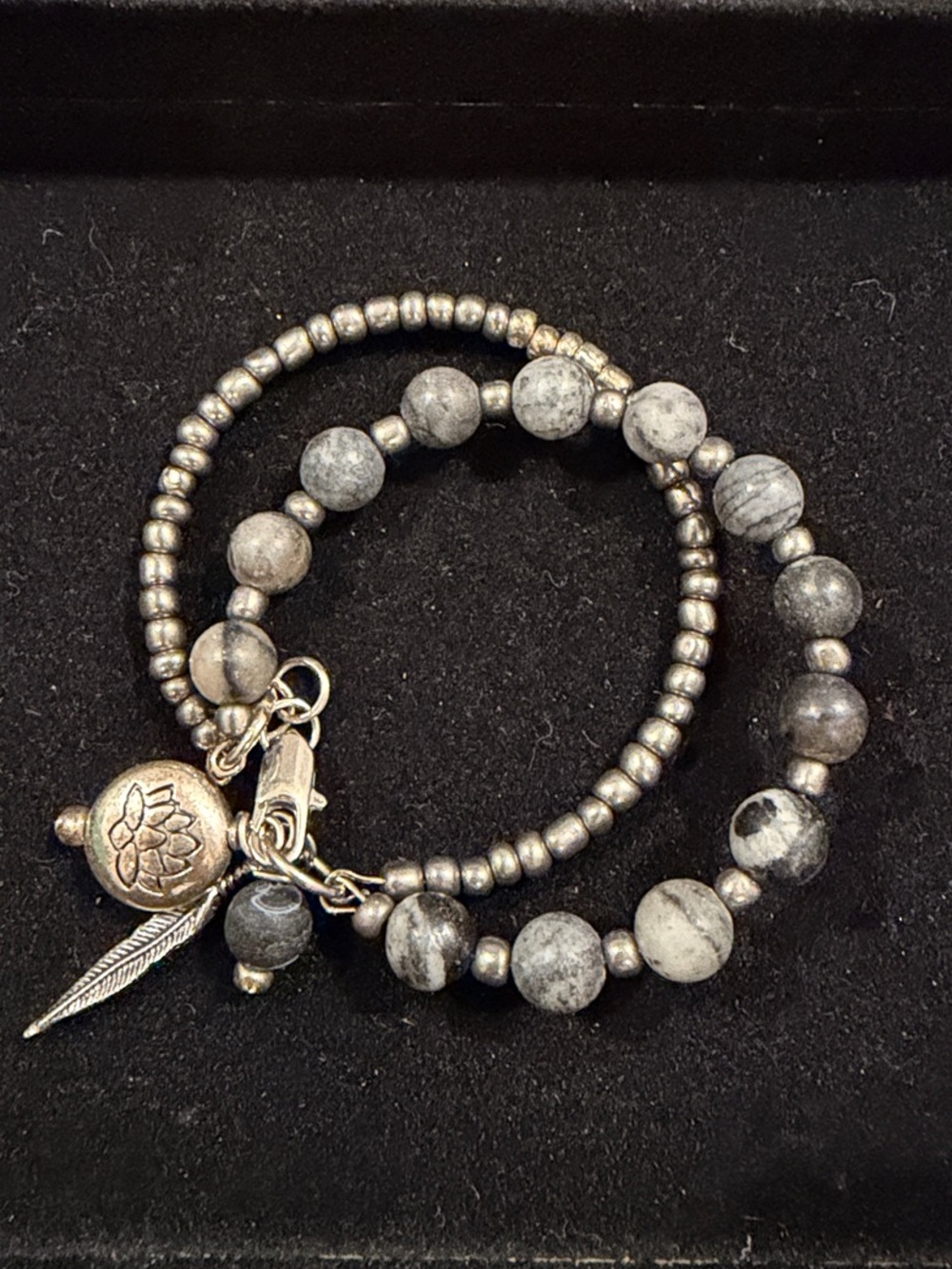 Gray Beaded Charm Bracelet Set - Silver Accents